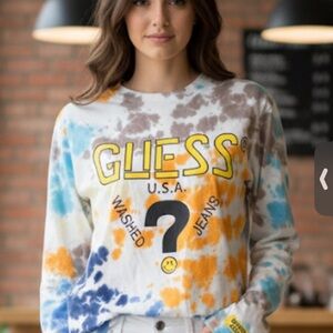 Vintage Guess smiley Chinatown Originals Blue and Brown Tie-Dye long sleeve Tee